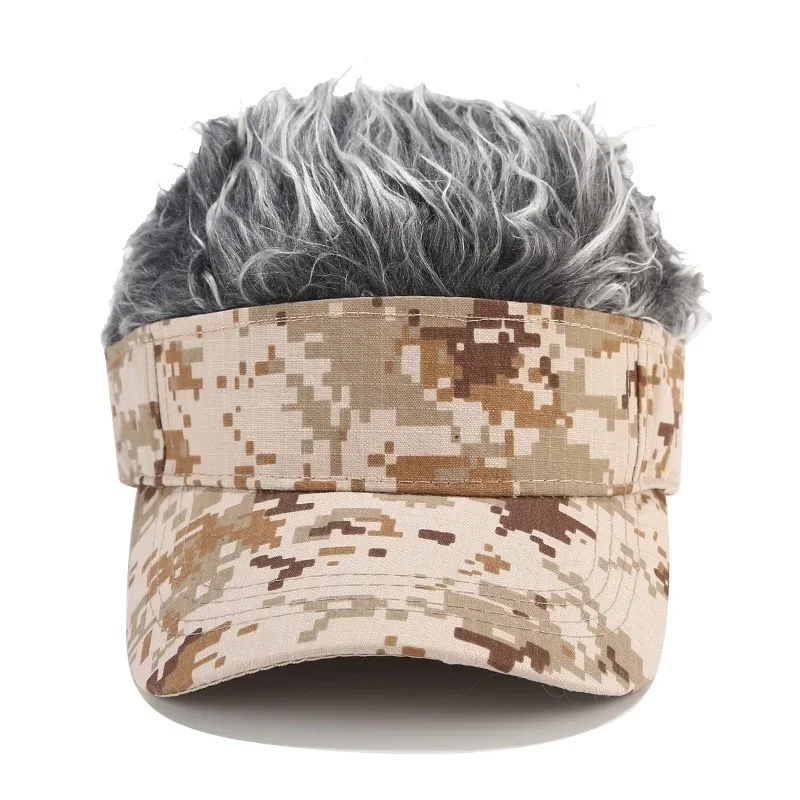 Men Women Casual Camouflage Visor Hat Sunshade Adjustable Sun Visor Baseball Cap with Spiked Hairs Wigs Casquatte Hip Hop Hats