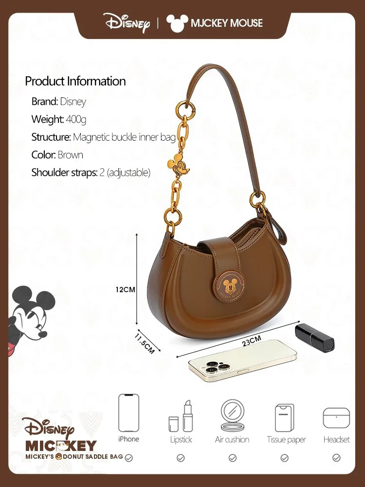 Disney Mickey Donuts Saddle Bag French Style Brand Single Shoulder Commuting Underarm Bag Magnetic Buckle Closure