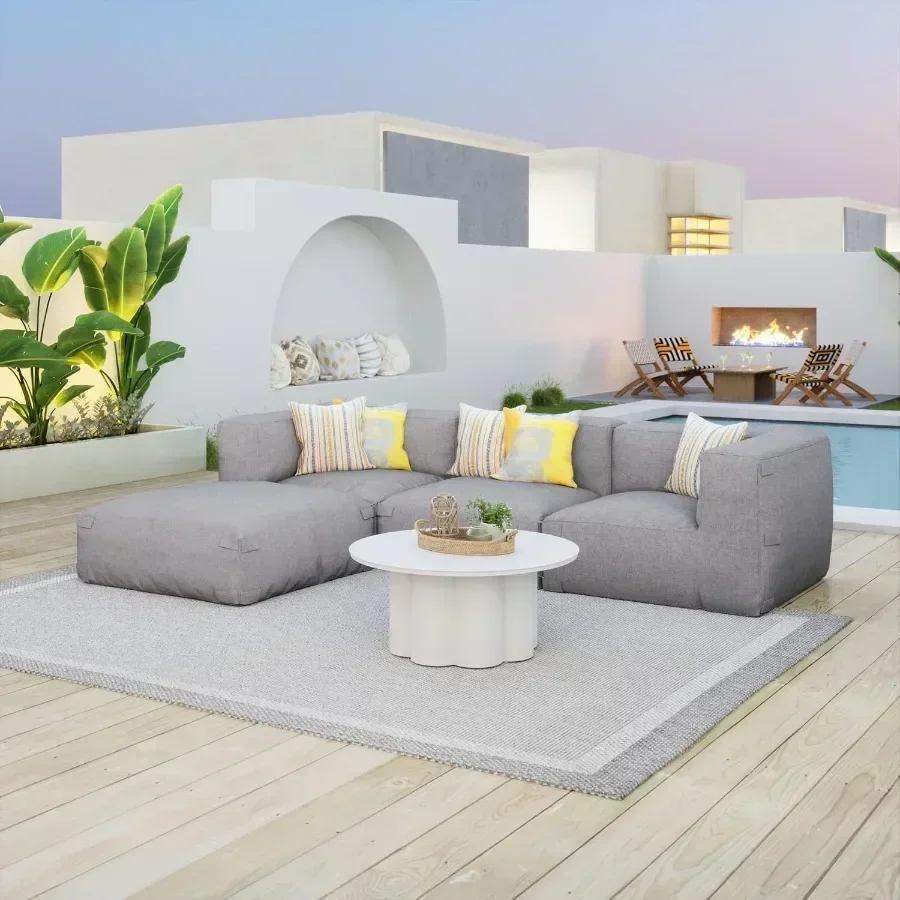 Luanda Ottoman Gray, Modern Outdoor Living Ottoman, 100 Polypropylene, Gray, Removable and Washable Cushion Cover, 39.4 W x 39.