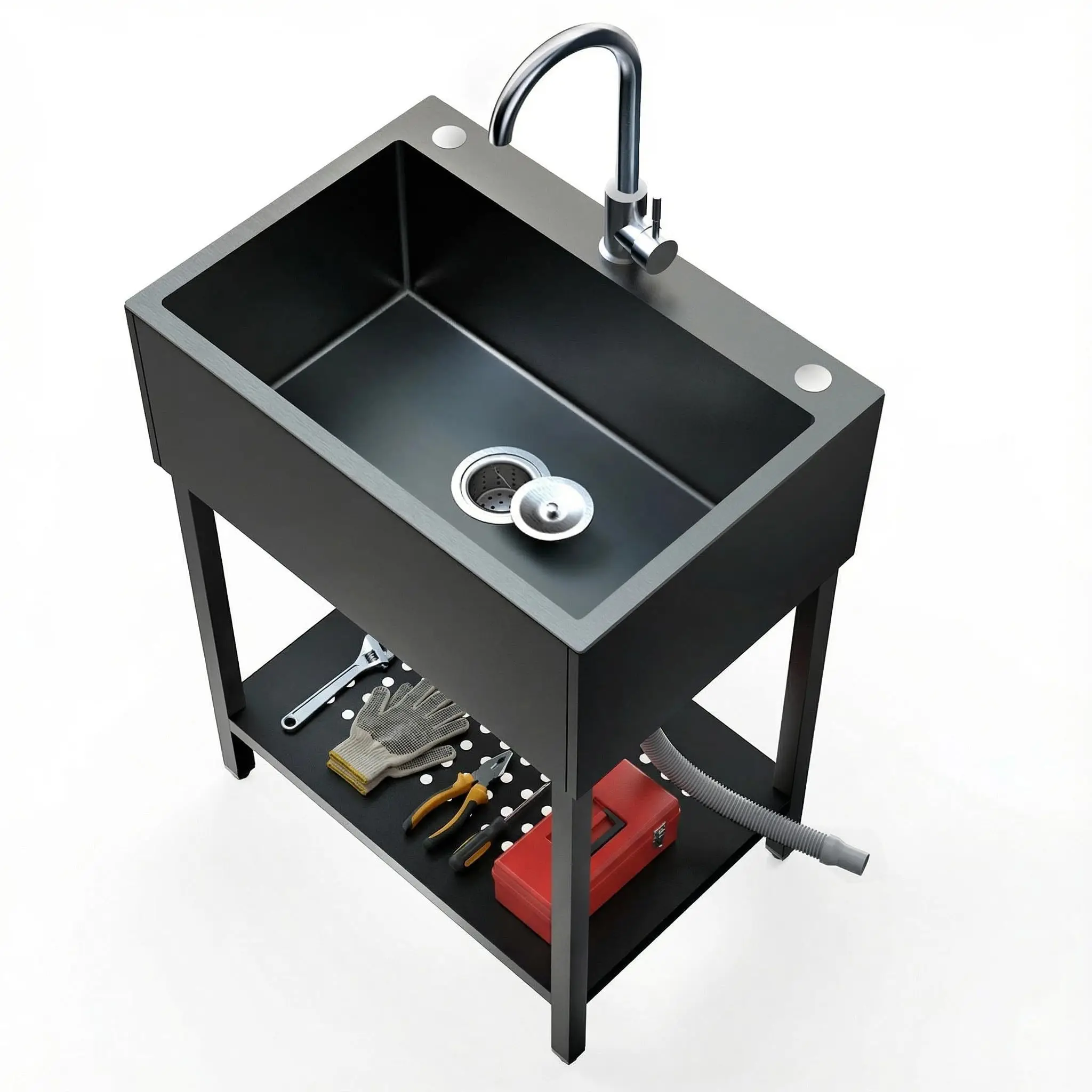 Freestanding Black Utility Sink for Garage, Heavy-Duty Stainless Steel Work Sinks, Deep Basin for Workshop, Laundry