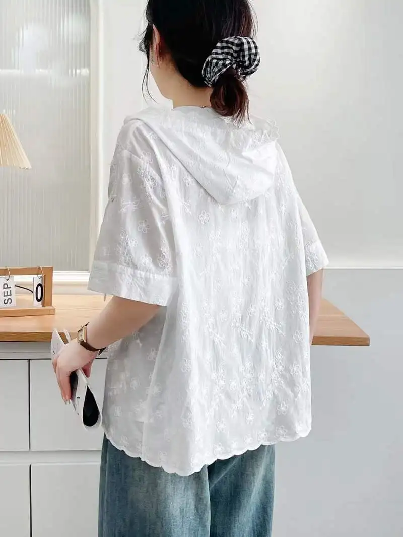 ใหม่2025ฤดูร้อนผ้าฝ้ายแขนสั้นHoodedเสื้อผู้หญิงเย็บปักถักร้อย,Moriสาวลดอายุสบายๆหวานเสื้อหลวมT55047CC