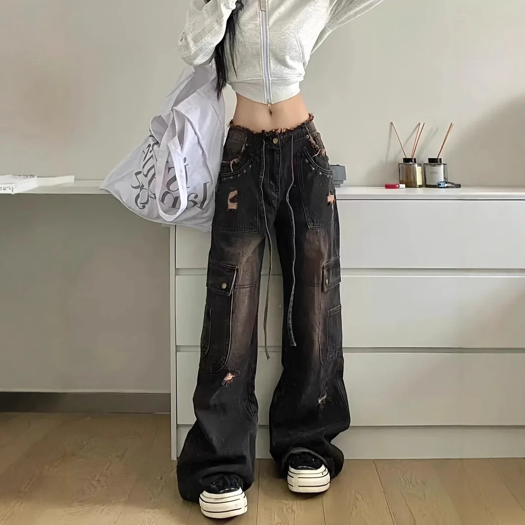 

American Retro Drawstring Tooling Jeans Women's Autumn and Winter Ripped Design Sense Loose Wide-leg Trousers