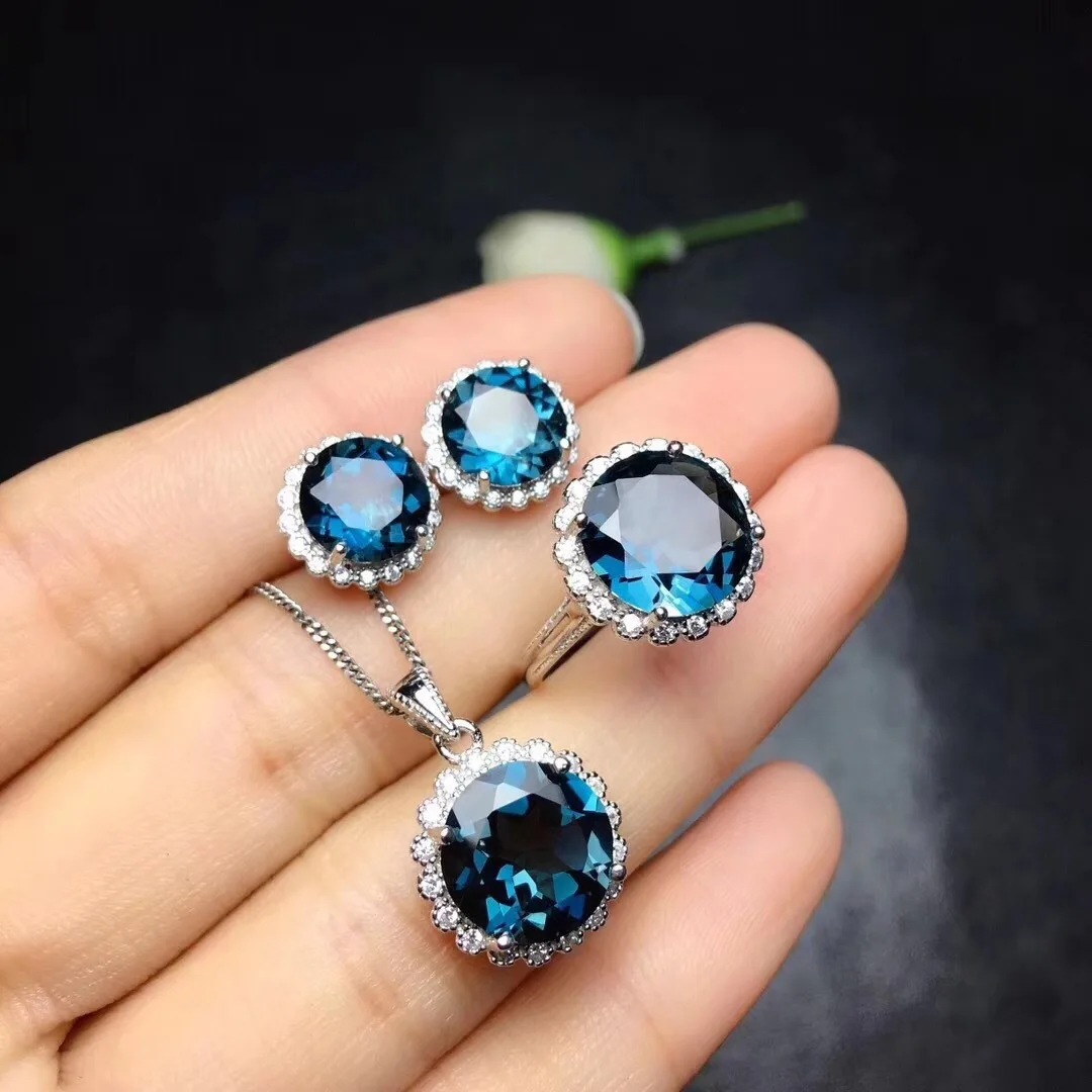 S925 Sterling Silver Stud Earrings Necklace Aquamarine Set 4 Carat Ring Stud Earrings Necklace