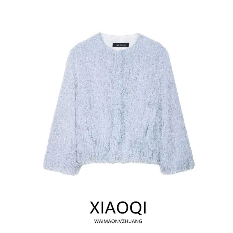 

Tassel Trim round Ne Jaet Light Blue Women's Outerwear New Arrival Fall 2025 Faion European Sle Warmth Function