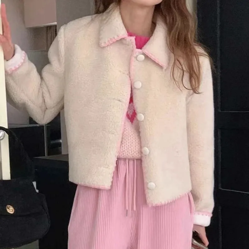 Clashing Colors Overlocking Short Jacket Coat Autumn Winter for Girls Lambwool Single Breasted Outerwears Women Stylish Tops