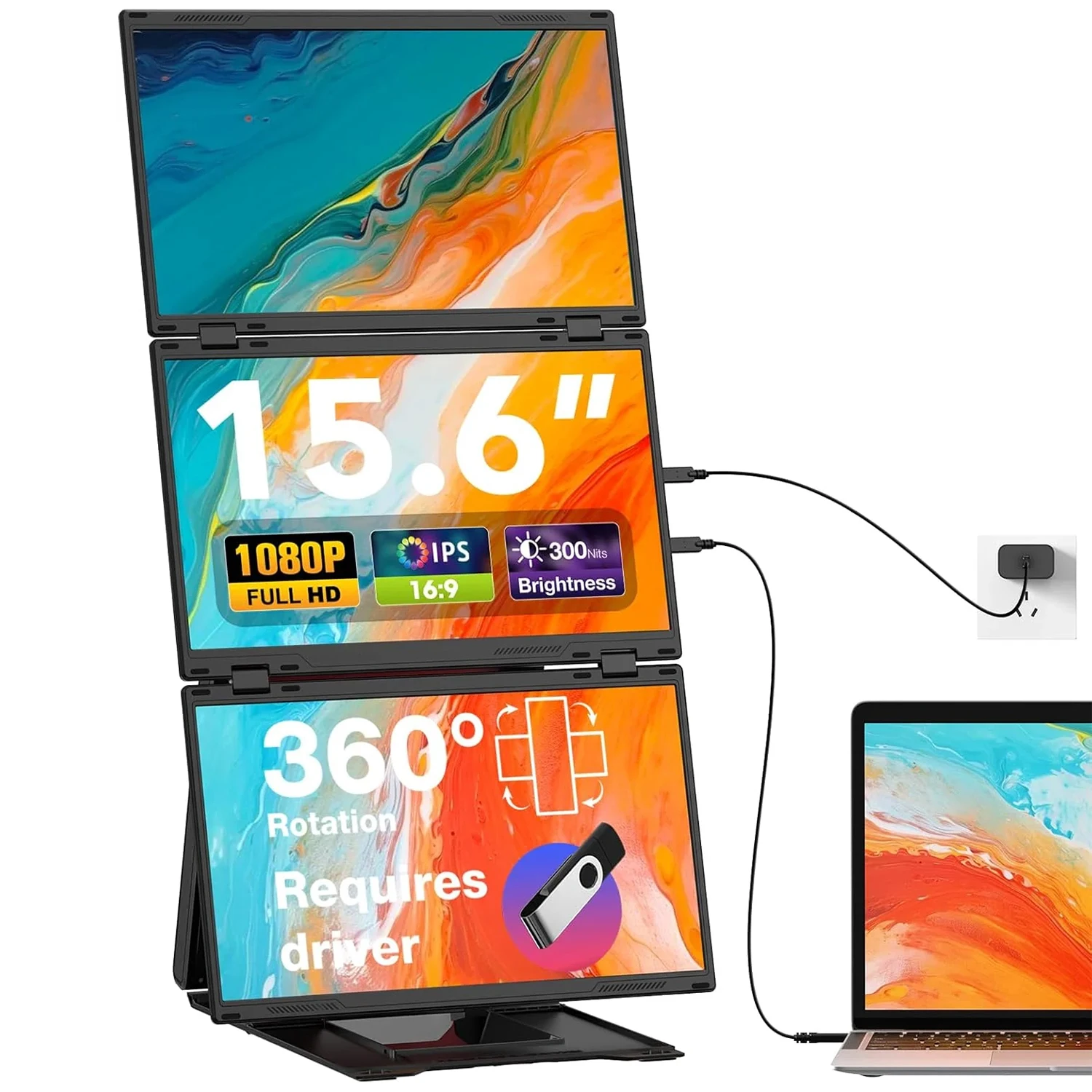 Portable IPS Quad Monitor for Business-15.6-inch Type C Laptop Screen Extender 1 Cable 3 Displays Desk Mount