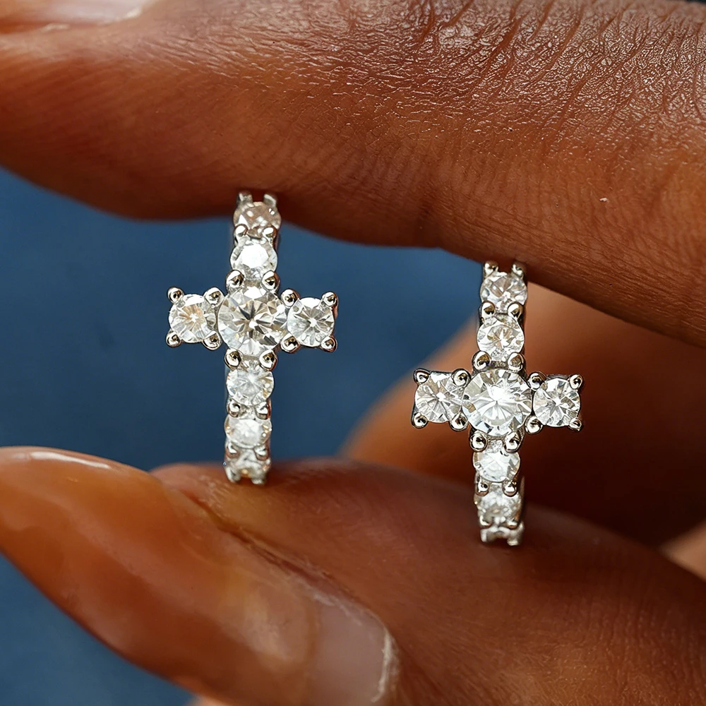 

Cross Full Moissanite Hoop Earring for Women Men D Color Lab Diamond 925 Sterling Silver 18K Gold Plated Hiphop Party Jewelry