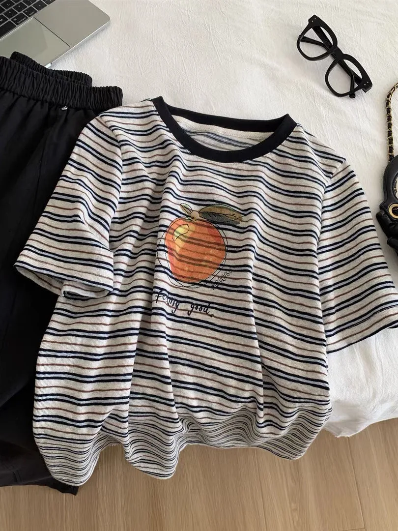 

plus Size Women's T-Shirt Summer Lightweight Breathable Stripe Half Sleeve Base Shirt Top Vintage Colored Block Short Sleeve
