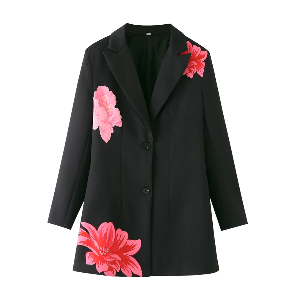 PB&ZA 2024 Spring New Women\'s Fashion and Elegance Slim Fit Commuting Versatile Flower Print Decoration Suit Coat