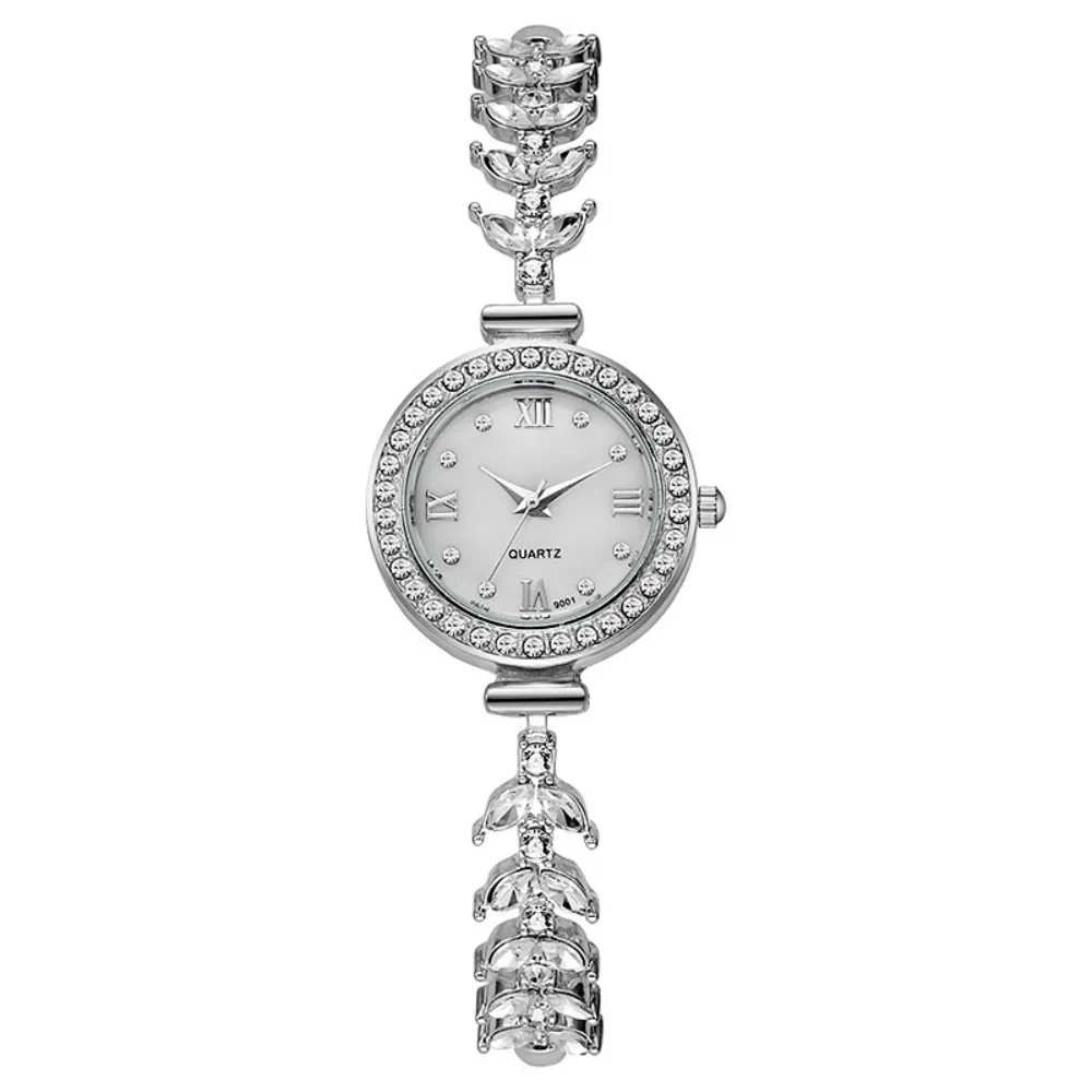 

Slim Strap Ladies Quartz Watch Round Dial Leaf Design Women Quartz Watch Small Dial Pull Adjustable Rhinestone Watch Accessories
