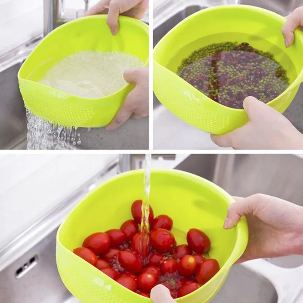 1pc Food Grade Plastic Rice Beans Peas Washing Filter Strainer Green Pink Color Basket Sieve Drainer Cleaning Gadget