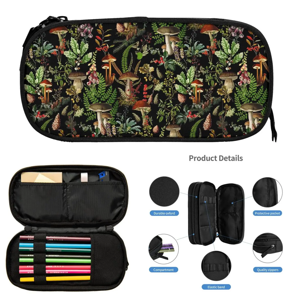 

Vintage Midnight Mushrooms Forest Pattern Pencil Cases for Student Gifts Pen Box Pencil Bag Large Capacity Pencil Pouch Storage