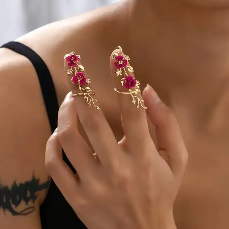 1 Pair of Fashionable Hollow Red Color Flower Women's Rings, Personalized Creative Rings, Holiday Accessory Gifts