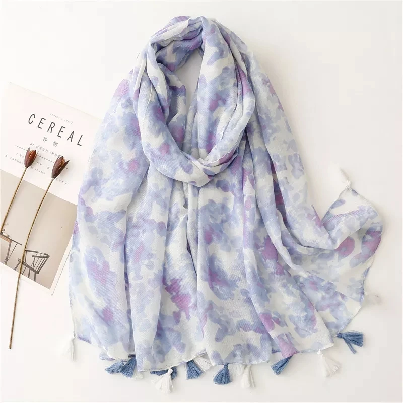 

2022 Newest Women Ombre Floral Geometry Pattern Tassel Scarf Cotton Scarf