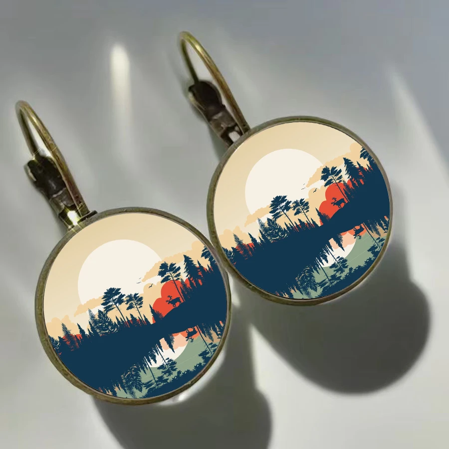 2024 New Mountain River Sunset Earrings Lake Forest Scenery Women\'s Glass Earrings Love for Nature Girl Earrings Gift