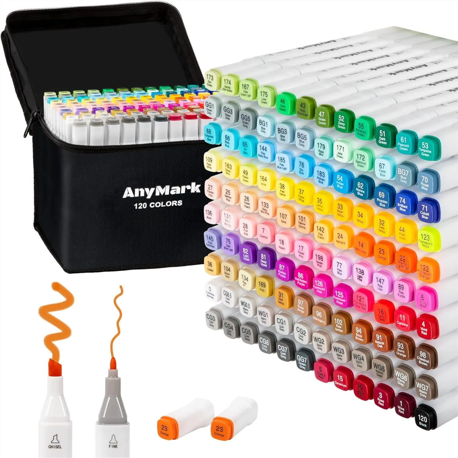 

120 Colors Alcohol Markers, Dual Tip Art Coloring Markers for Adult Book Drawing Sketching, Chisel & Fine, White Penholder