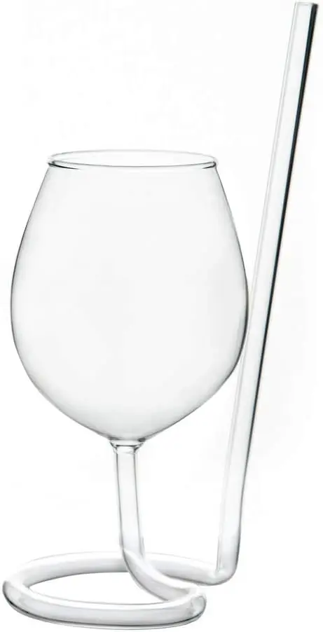 

Straw Wine Glass | Stemmed Wine Glass with Built-In Straw | Clear Plain Design | Funny Cocktail Gift