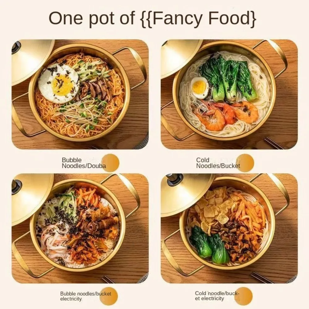 

Korean Mini Ramen Pot Stainless Steel with Lid Soup Pot Gold Plated Double Ear Hot Pot Camping Cookware