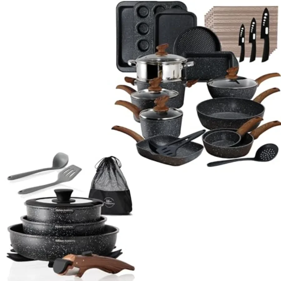 

30Pcs Bakeware Cookware Set with NonStick Coating and HeatResistant Handles for Home Kitchen Use Plus 10Pcs RV Pots and Pans Se