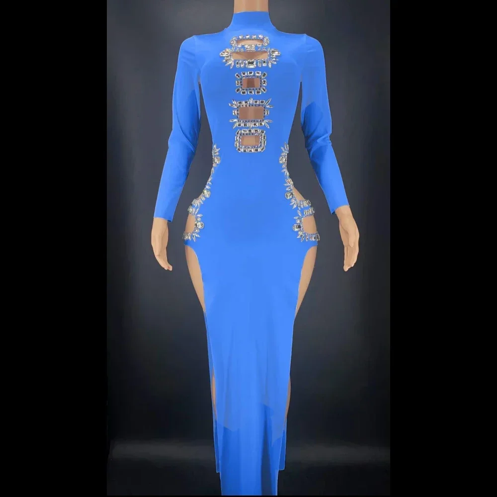 Veelkleurige uitgeholde glanzende steentjes sexy hoge split jurk voor vrouwen avond prom kleding toneelkostuum zanger draagt