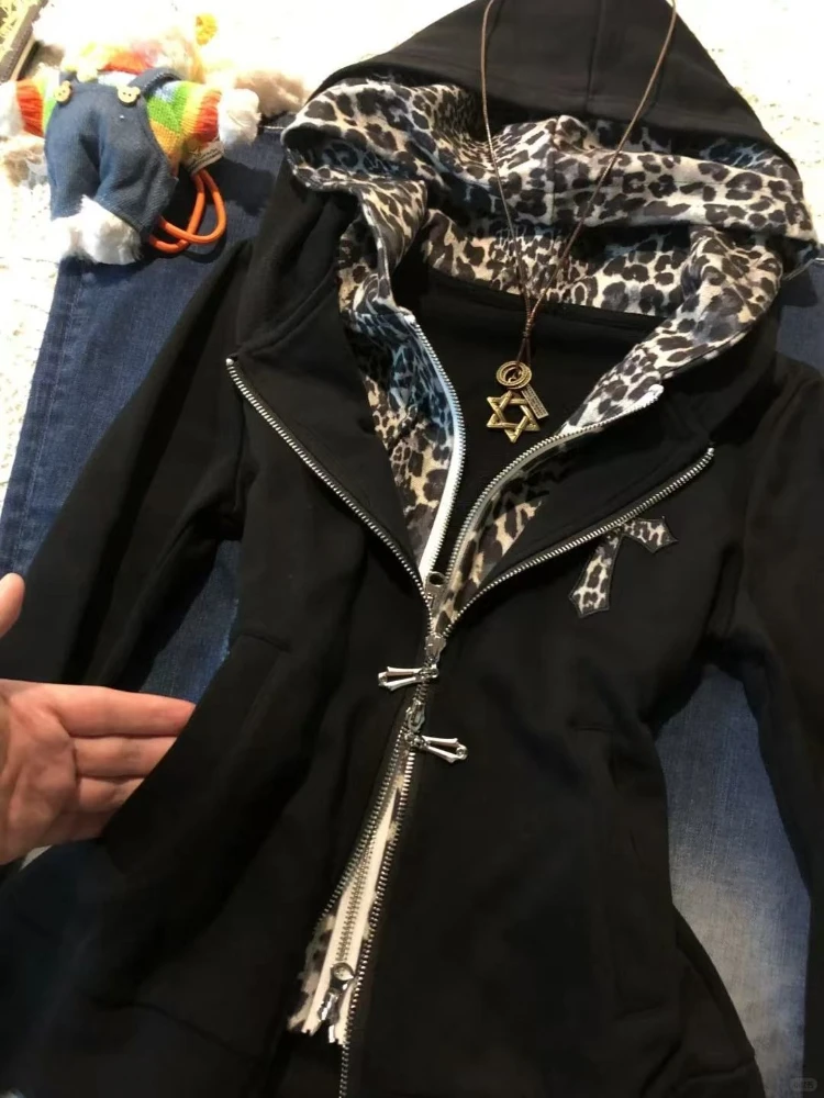 Otoño Y2K subcultura estampado de leopardo Sudadera con capucha mujer Vintage Patchwork falso sudadera de dos piezas moda chaqueta con cremallera Tops nuevo