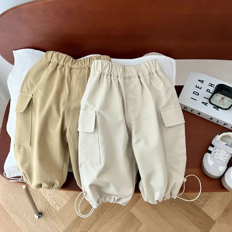 2024 Spring Baby Pants Children Solid Color Cargo Pants Boys Loose All-match Trousers