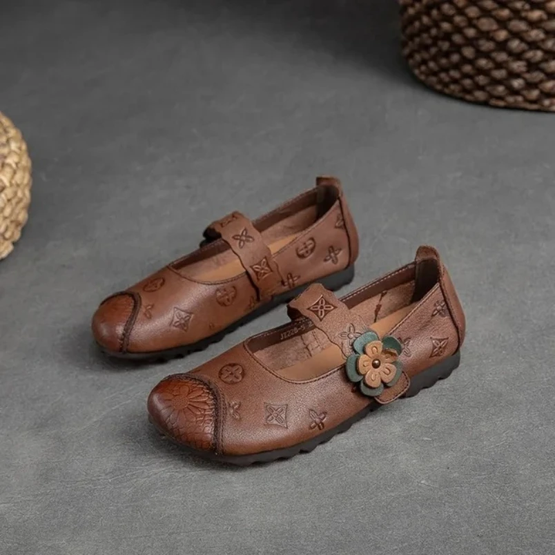 الخريف اليدوية أحذية النساء جلد طبيعي أحذية نسائية جولة تو أحذية الأم عارضة الشقق باطن لينة #5