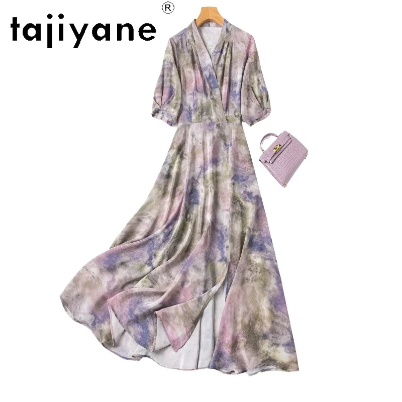 

TAJIYANE 100% Mulberry Silk Long Dresses for Women Elegant V-Neck Puff Sleeve Frocks Summer Vacation Dress 2026 Woman Clothes 여름
