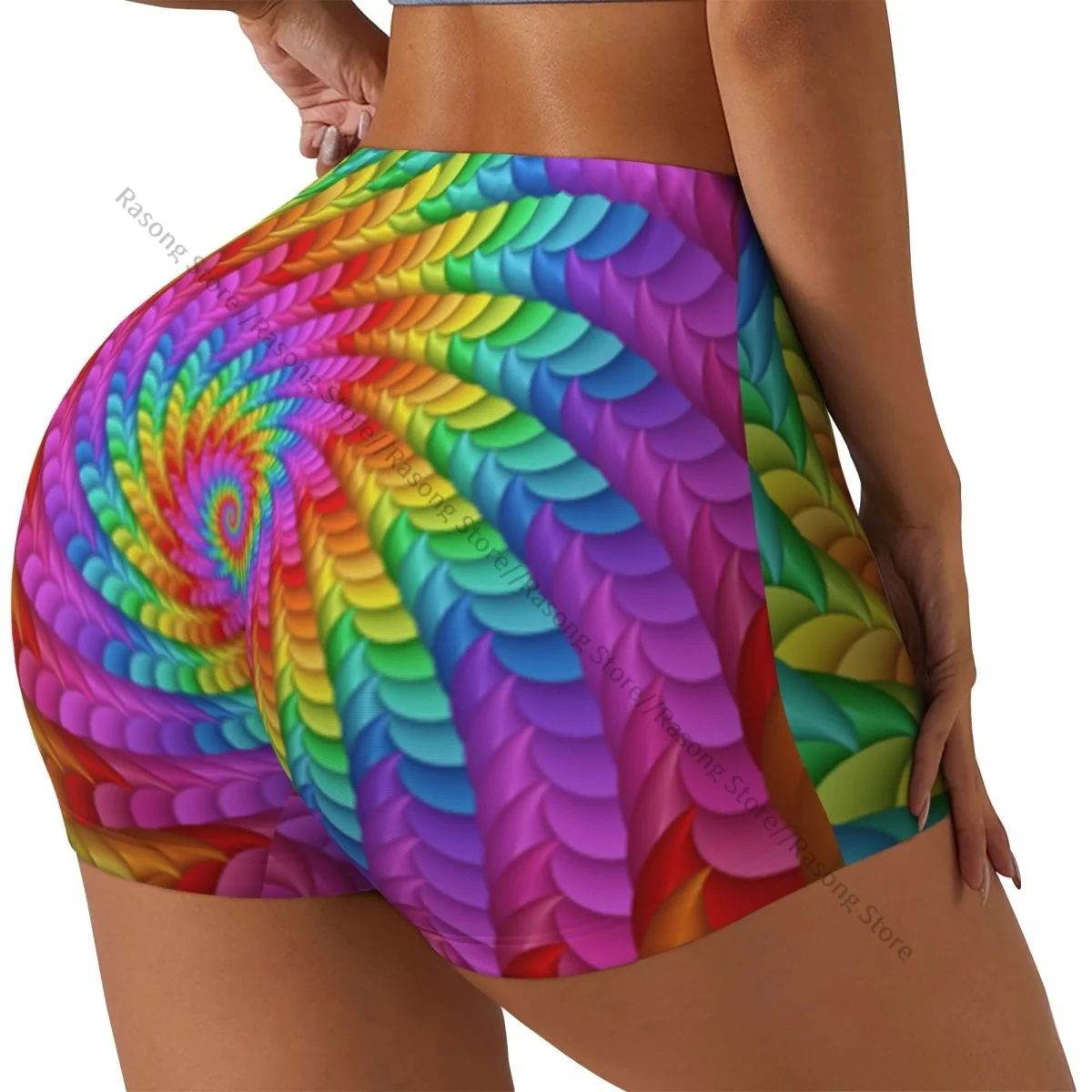 Shorts de ioga feminino psicodélico arco-íris espiral scrunch booty levantamento de bunda conforto fitness academia