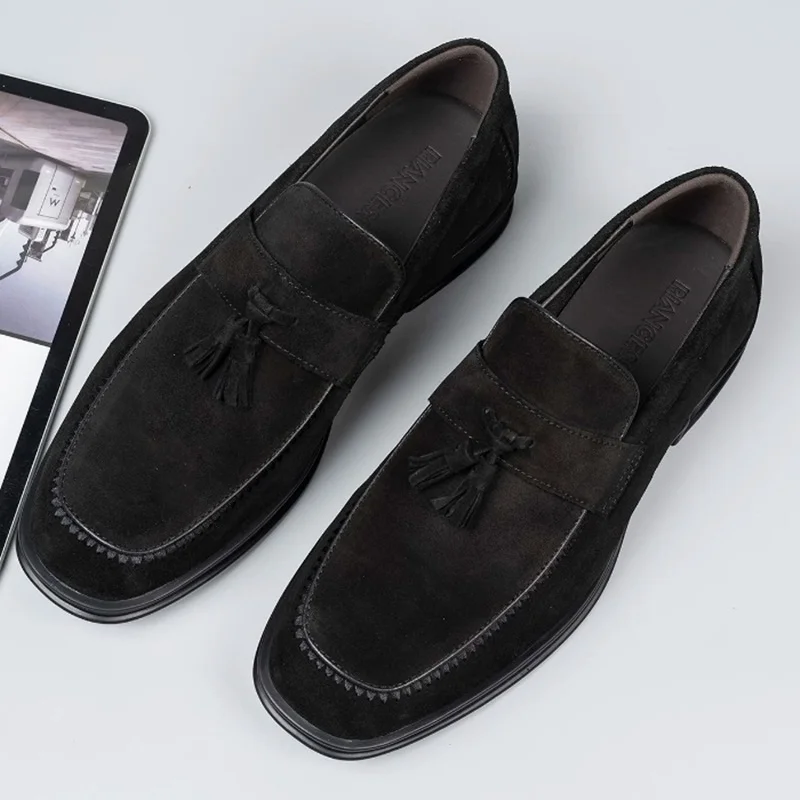 Luxury Fashion Suede Leather Loafers Man Sheepskin Lining Cowhide Pad Square-toe Tassel Loafers For Men Slip-on Casual Shoes
