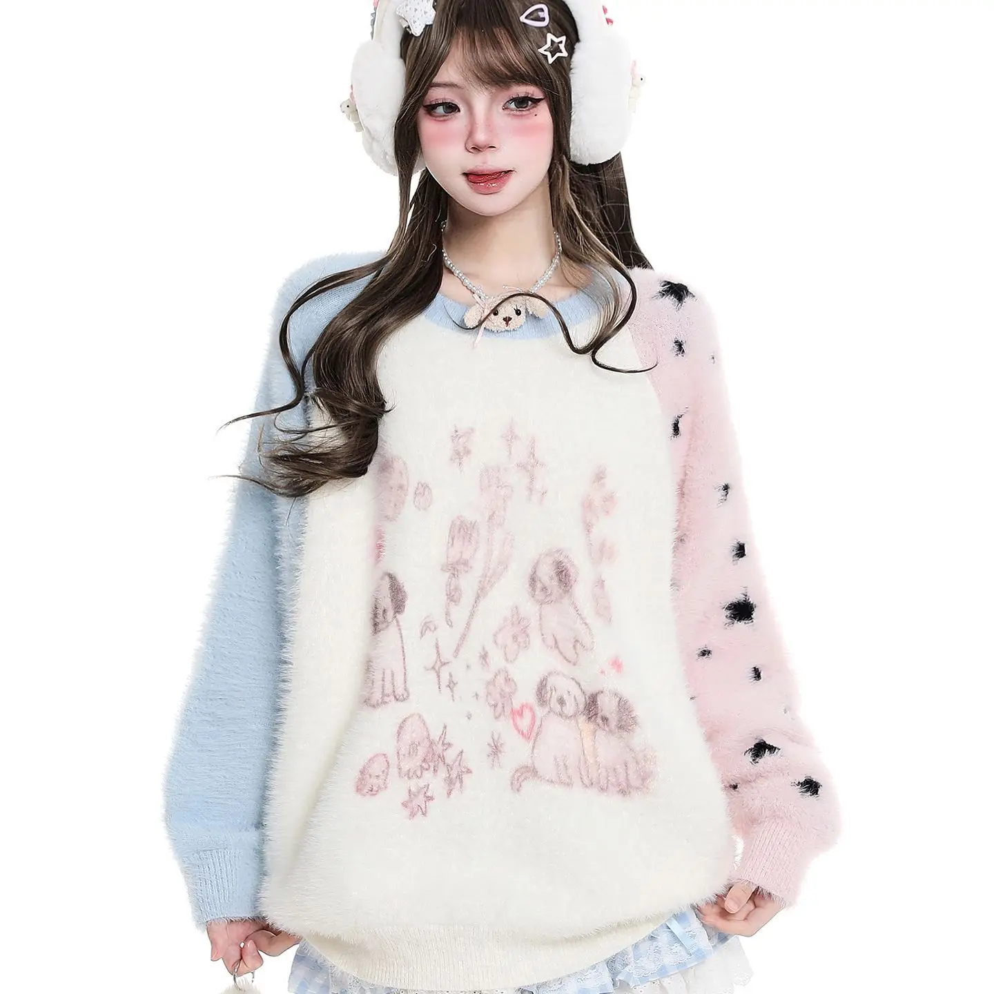 Y2K Kawaii Women Fuzzy Plush Knit Pullover Color Block Raglan Sleeves Puppy Print Crew Neck Loose Cozy Winter Sweater Jumper