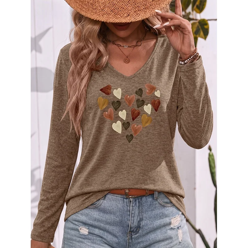 V Neck Long Sleeve T Shirt For Women Heart Pattern Print Soft Breathable Skin Friendly Comfortable Casual Daily Wear Commute Out