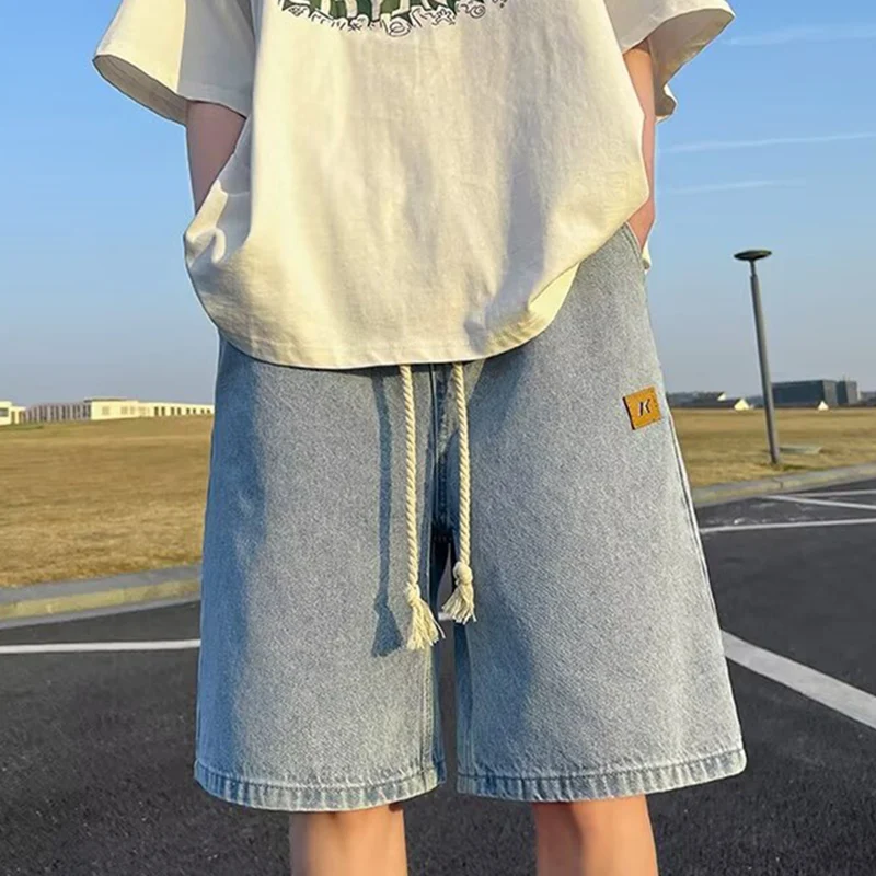 Men Basic Loose Outdoor Sports Casual Shorts Male Daily Knee Lenght Denim Short Pants Straight Wide Leg Wash Summer Short Jeans
