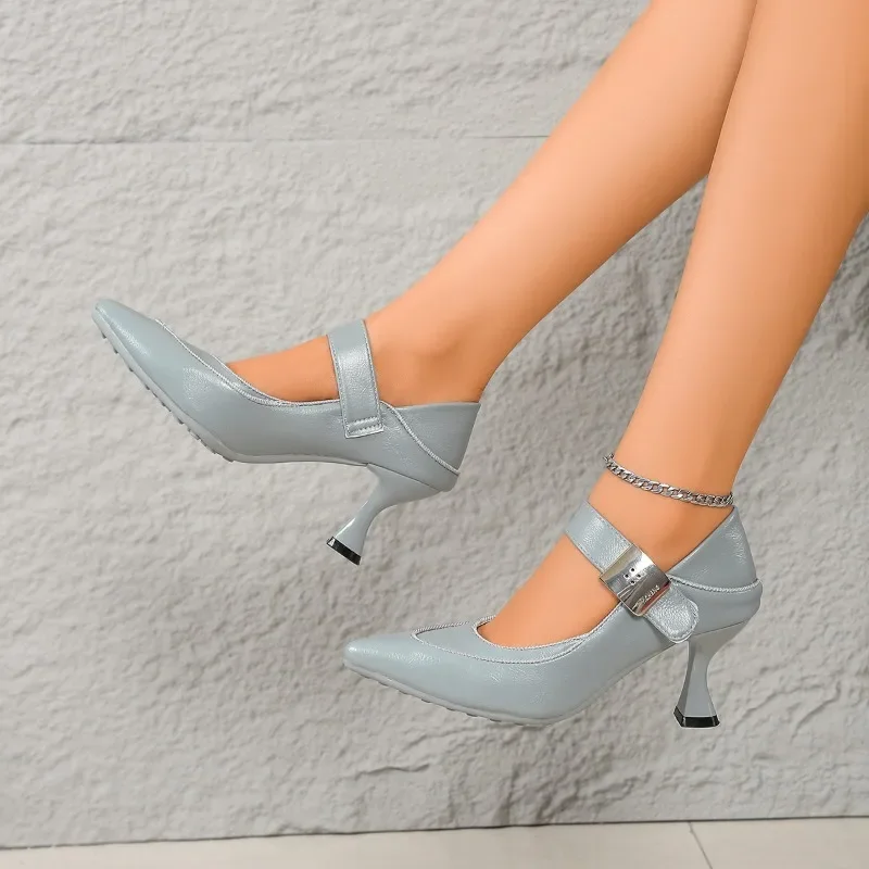 Metal Buckle One Strap Slim Heel Single Shoes Autumn New Pointed Toe Shallow Mouth Anti-slip Wear-resistant High Heels view 6