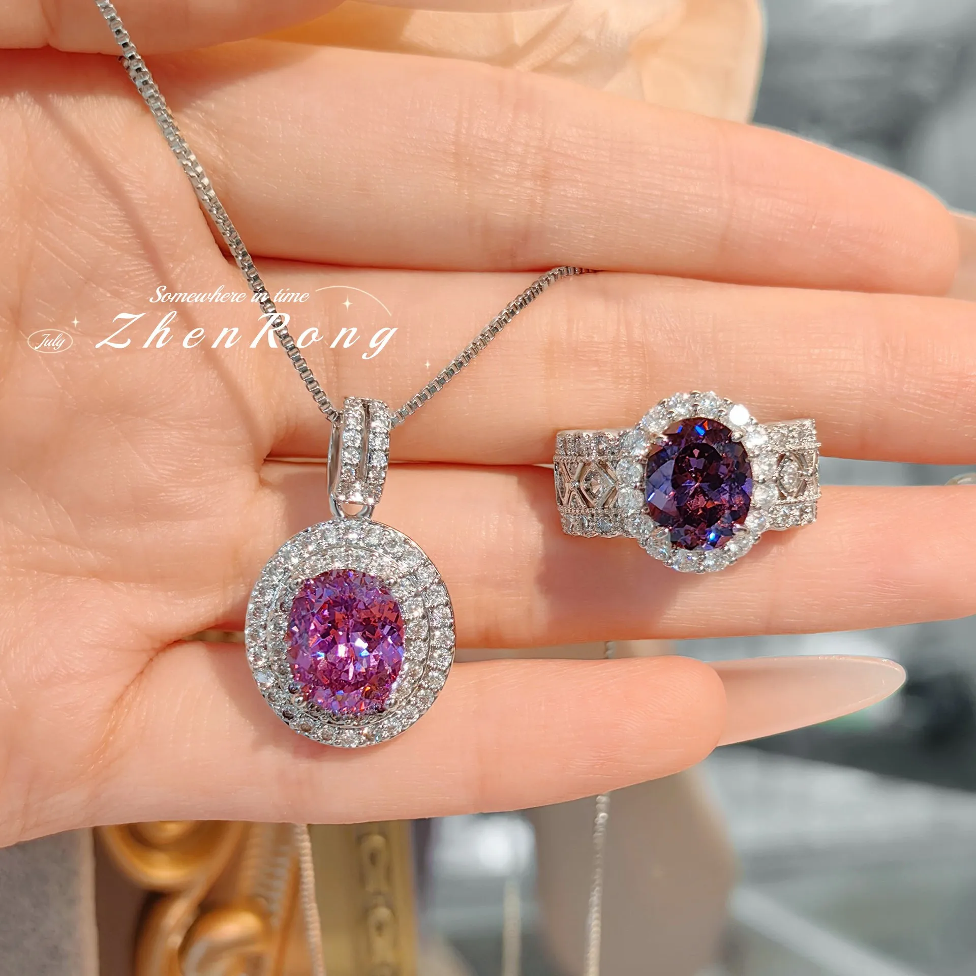 Foydjew Fashion Luxury Large Carat Oval Cut Pink Cubic Zirconia Pendant Necklaces Women Silver Color Rings Wedding Jewelry Sets