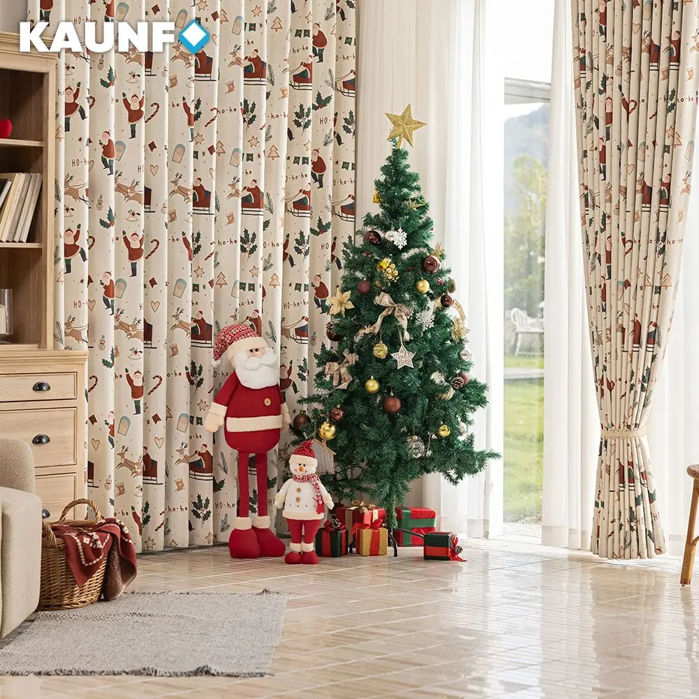 1PC Christmas Curtain for Living Room Santa Claus Reindeer Print Window Decoration Light Blocking Heat-insulating Curtains
