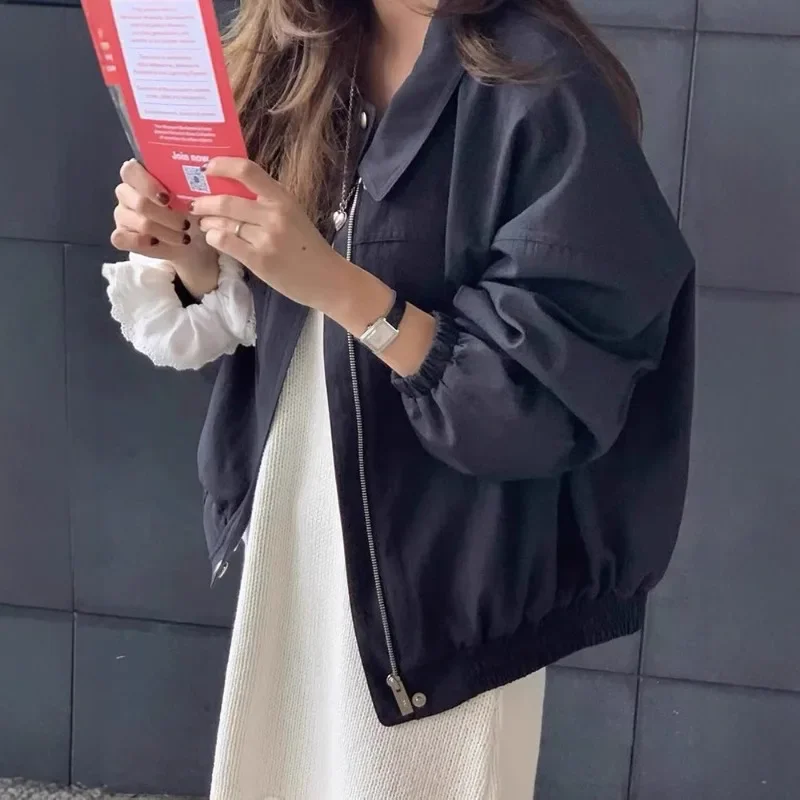ربيع 2025 جديد الكورية الحلو فضفاض التلبيب سستة الصلبة قصيرة نمط سترة صغيرة واضحة ملابس خارجية المرأة الأعمال معطف غير رسمي
