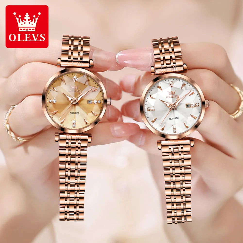 OLEVS Luxury Quartz Watch Women Rose Gold Solid Stainless Steel Strap Rhombus Design Elegant Original Brand Ladies Wristwatch