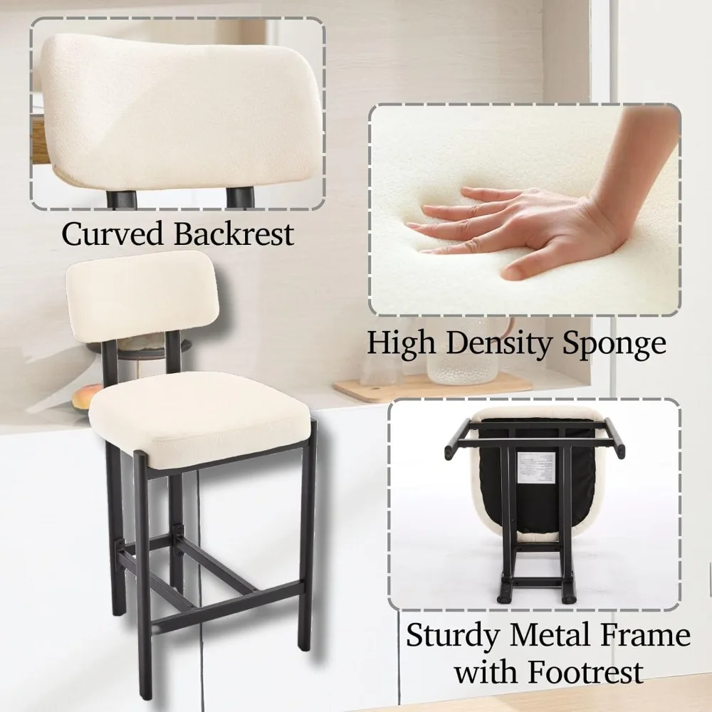 Modern Upholstered Low Back Kitchen Stools Set of 2, 26 Seat Height Metal Leg Counter Stools