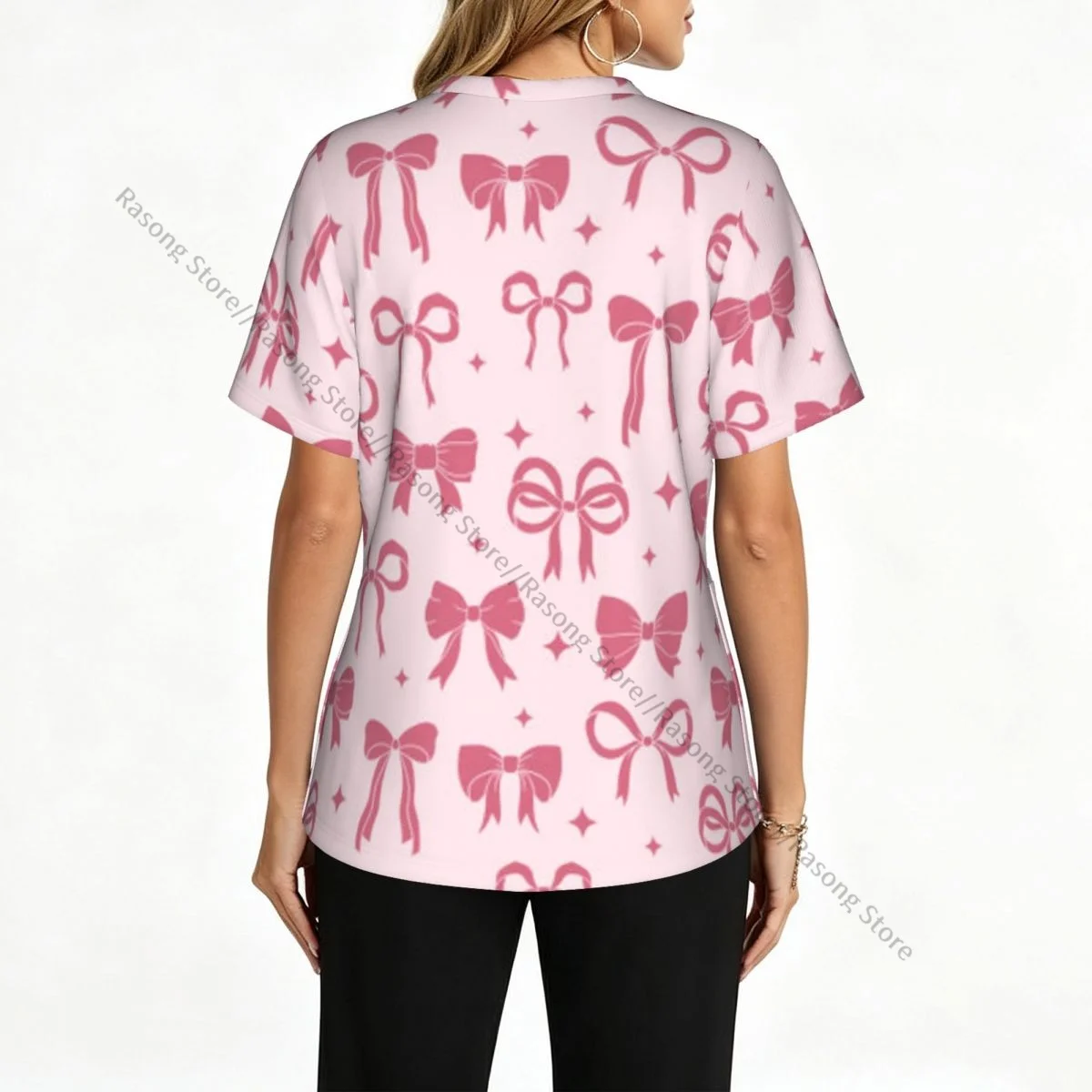 Women Scrubs Blouse Medical Nurse V-neck Clinical Scrubs Top Pink Bows And Ribbons Pattern Operating Room Work T-shirt