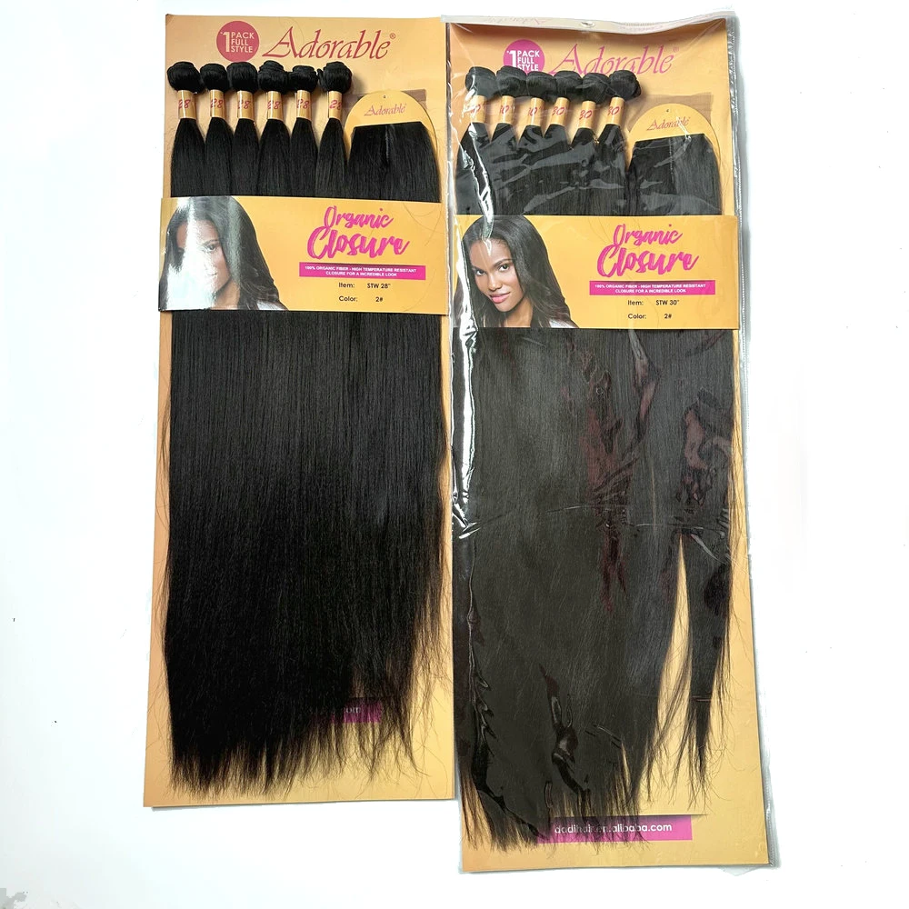 Pacotes de cabelo sintético com fecho, seda longa, reto, alta qualidade, cor natural, cabelo tece, venda quente, 30 pol, STW, 6PCs