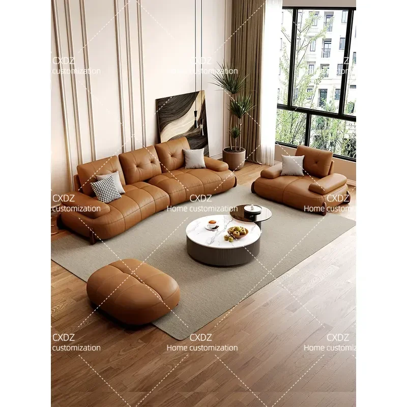 French Style Leather Sofa Light Luxury Retro First Layer Cowhide Straight Row Couch for Small Apartment Living Room High End
