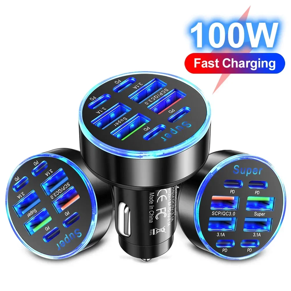 100 W 8 Ports Autoladegerät Schnellladung PD QC3.0 USB C Autotelefon-Ladegerät Typ C Adapter im Auto für iPhone Samsung Huawei Xiaomi