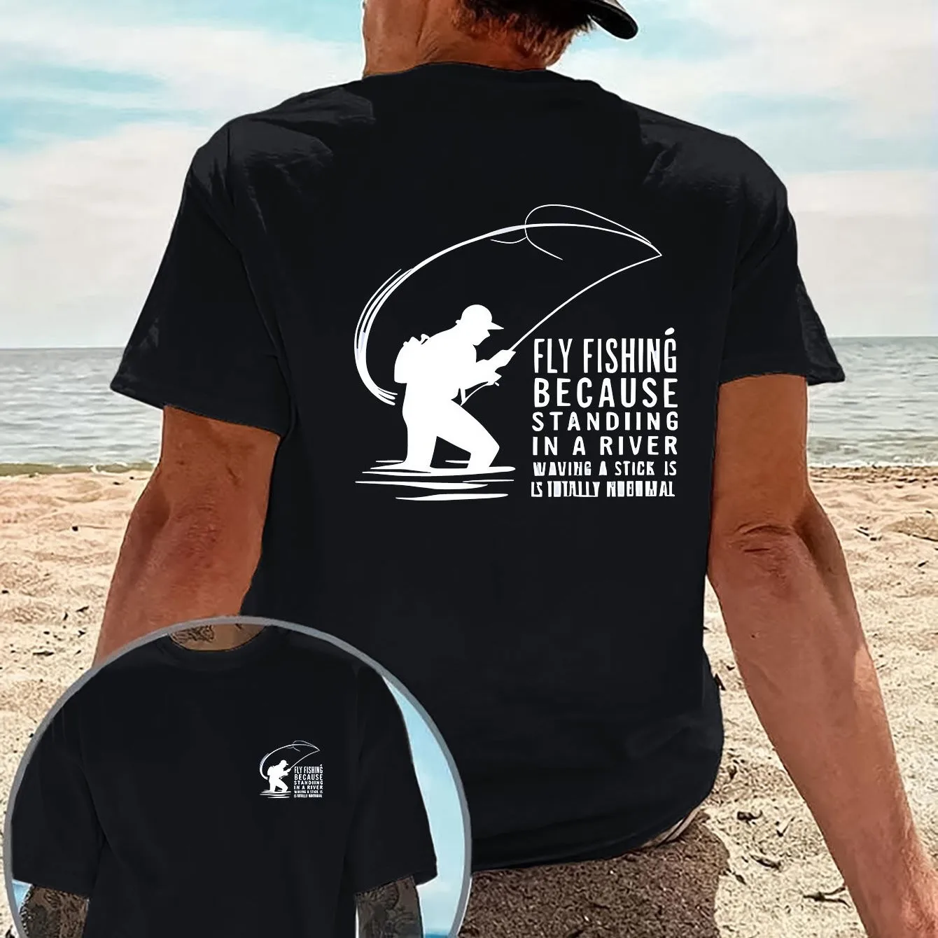 Fly Fishing Slogan Graphic Tee Men's Double-Sided Print Cotton Casual Short Sleeve T-Shirt