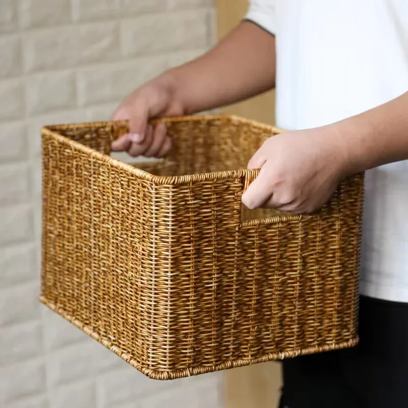 Strong Woven Storage Basket, Imitation Rattan Square Container with Handle, Clothes Closet, Toy Sundries Organizer, Home Storage