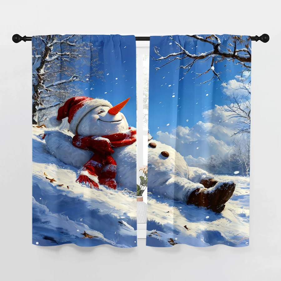 2PCS Christmas Winter Curtains, Snowman Blue Sky Snow, Digital Print, Bedroom Living Room, Rod Pocket Polyester, Home Decor