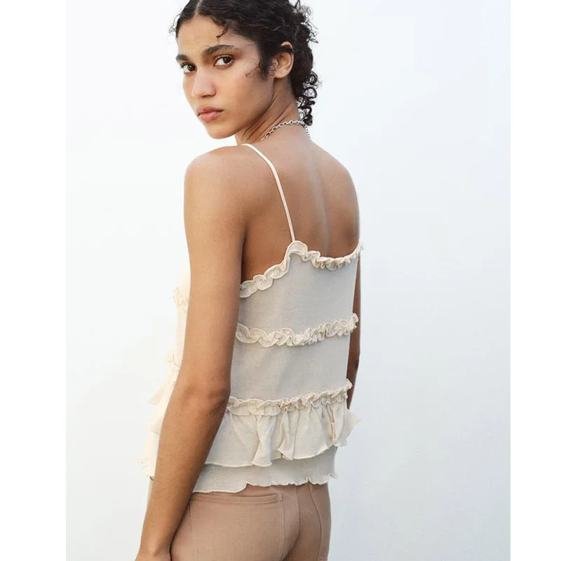 

Summer 2025 New Women's Knitted ter Ne Vest Sweet Sle ort Length Color V-Ne Ruffle Svel Top Trendy