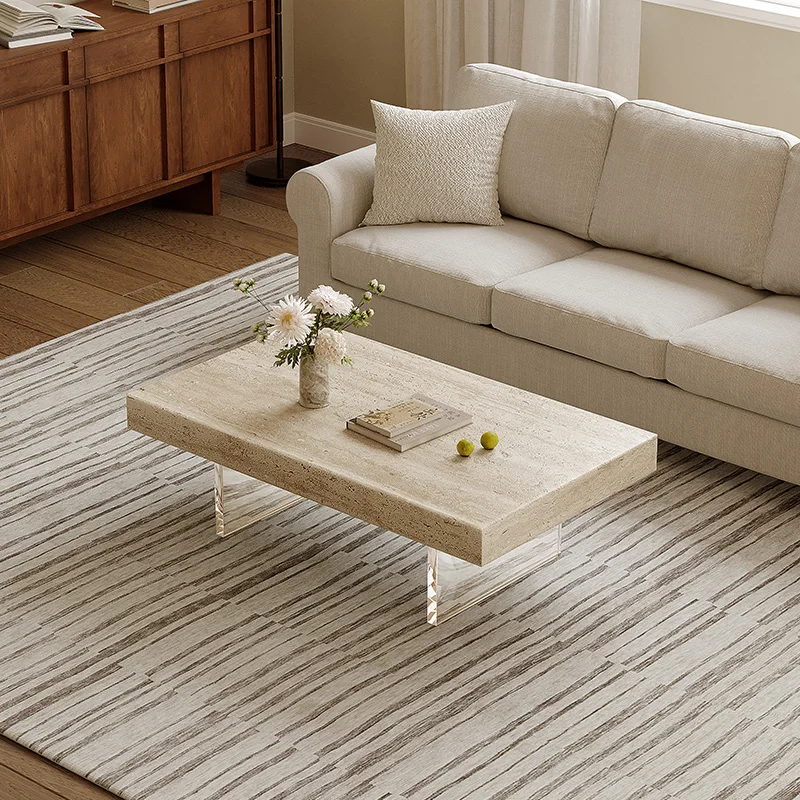 Wabi-Sabi Travertine Coffee Table, Modern Minimalist Tea Table for Home&Guesthouse, Heat & Scratch Resistant, Artisan Customize
