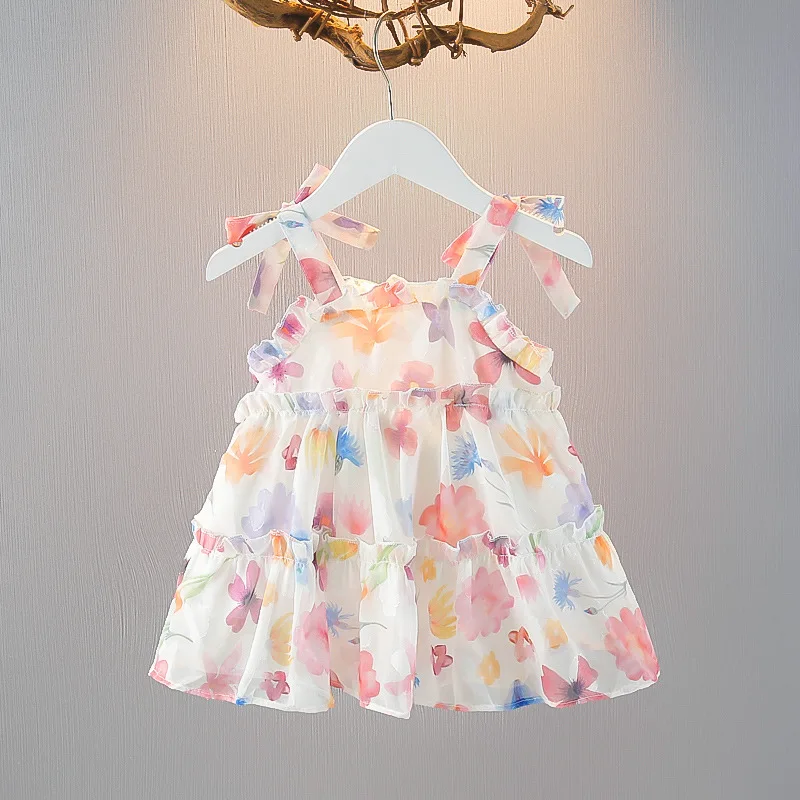 Summer chiffon baby girl camisole dress baby girl floral tattered thousand layer bow camisole beach princess dress