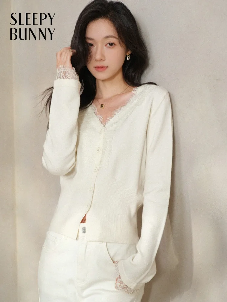 Elegant Lace Trim Knit Cardigan Sweater for Women Soft V-Neck Button Top Sweet Long Sleeve Layering Outfit for Winter Daily Wear